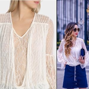 FREE PEOPLE Cream Ivory Faux-Wrap Lace Knit Top